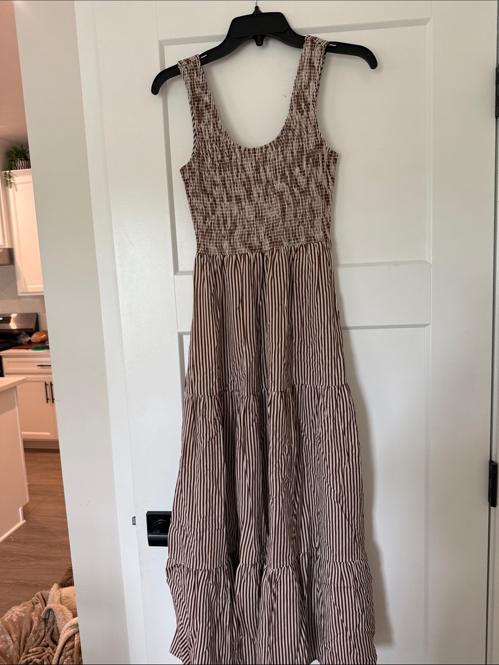 Salt water luxe tiered midi Dress in Brown Stripe- Smocked Bodice
